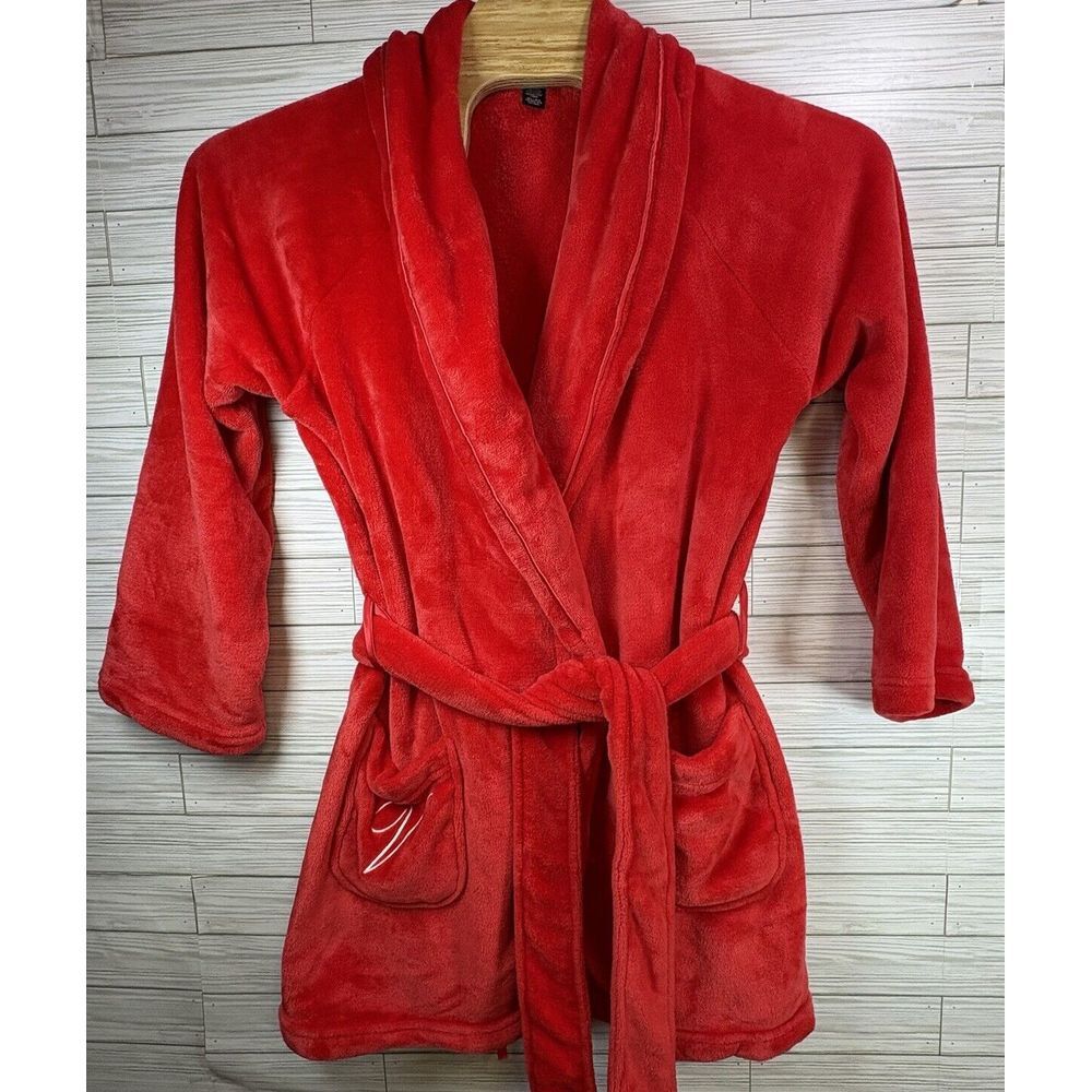 VICTORIAS SECRET Red Soft Plush Robe Tie Waist Monogram White Piping Size M/L